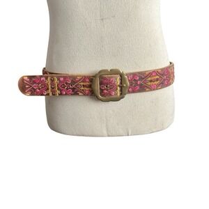 Lucky Brand Leather Floral Embroidered Belt SZ XL Boho Hipster Pink/Brown Casual